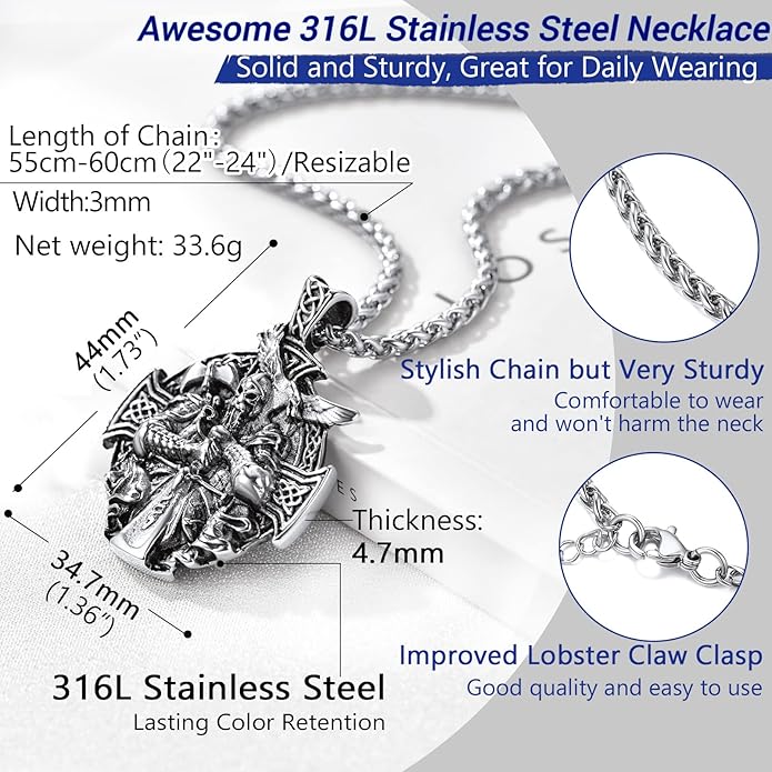 PROSTEEL Norse Viking Jewelry for Men Women, Vintage Thor Hammer/Thor Axe/Raven/Odin Necklace, 316L Stainless Steel Pendant Chain, Come with Box