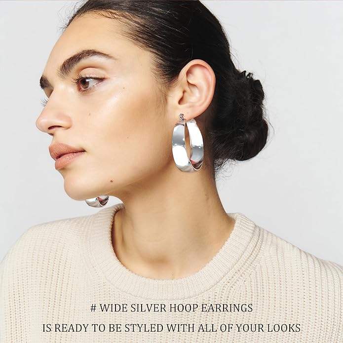 EXGOX Gold Hoop Earrings for Women Sterling Silver Post Hoops Earrings for Women Wide Thick Silver Hoop Earrings Hypoallergenic Lightweight 14k Real Gold Plated Hoop Large Earrings (25/30/40/50MM)