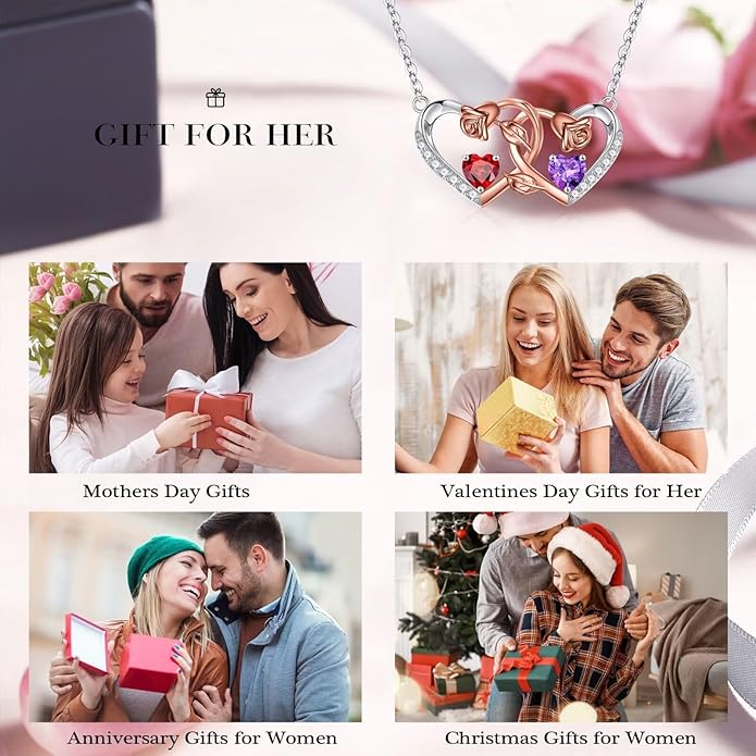 Iefil Chrismas Gifts for Wife - 925 Sterling Silver Rose Birthstone Necklace, Stocking Stuffers for Women Wife Girlfriend Mom