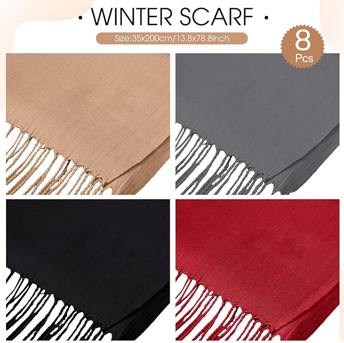Suhine 8 Pcs Winter Scarves Bulk for Women Lightweight Blanket Scarf with Tassel Edge Pashmina Shawl for Women Men