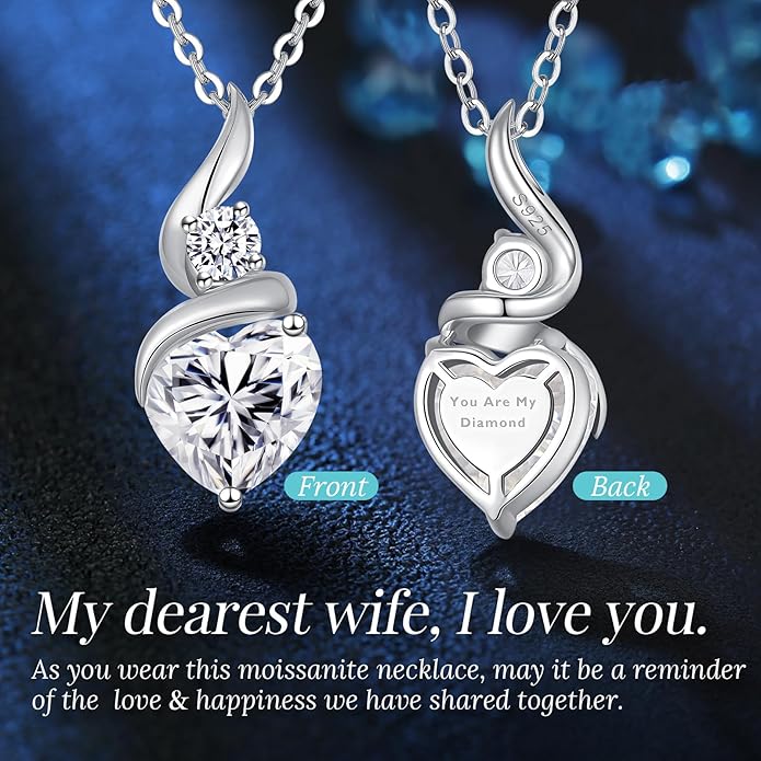Moissanite Heart Pendant Necklaces for Women, 925 Sterling Silver Necklace with Birthstone, Ideal Anniversary Present or Birthday Christmas Valentine Mothers Day Jewelry Gifts for Mom Wife Her Girlfriend