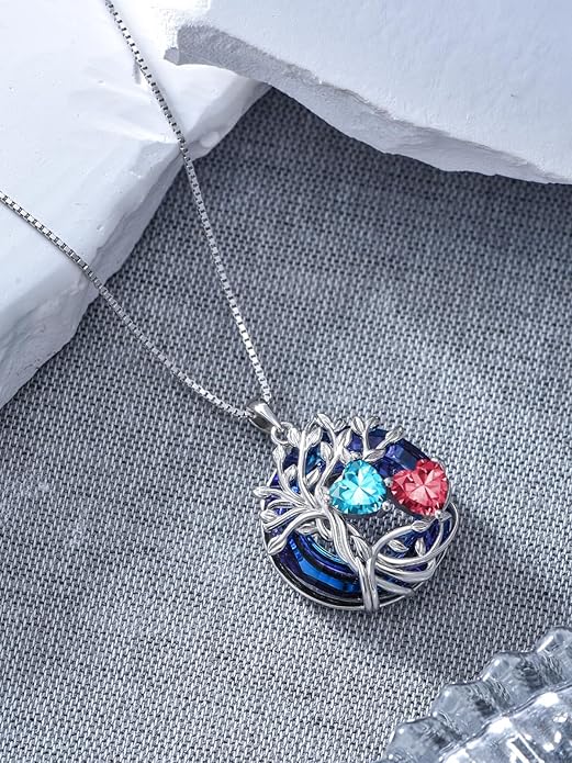 TOUPOP s925 Sterling Silver Family Celtic Tree of Life Pendant Necklaces with 2 Heart Birthstone with Blue Austrian Crystal Jewelry Birthday Anniversary Christmas Gifts for Her Wife Girlfriend Mom (18K Real White Gold Filled)