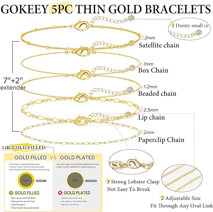 Gold Bracelets for Women Trendy,14K Gold Plated Dainty Stackable Paperclip Cuban Link Chain Bracelets, Simple Cute Cuff Bracelets Jewelry Set Adjustable 7"+2"