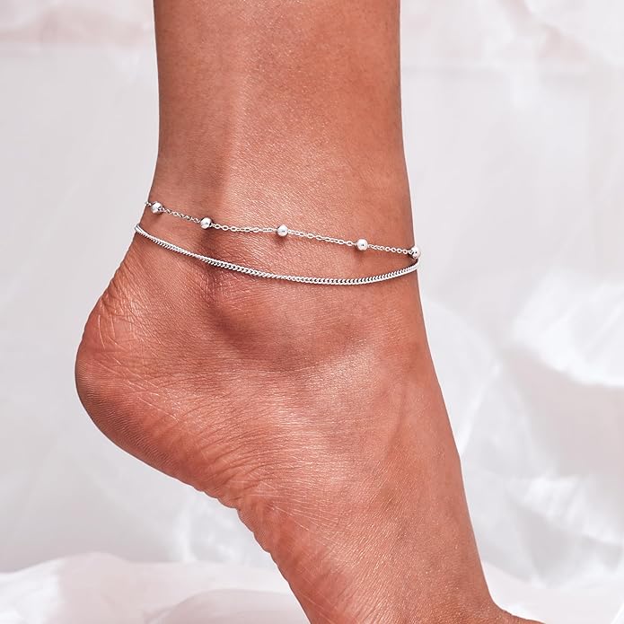 CHIC & ARTSY 925 Sterling Silver Ankle Bracelet Multilayer Anklets for Women Satellite, Star, Cross, Circle, Butterfly, Teardrop, Oval Disk Layered Anklet Beach Jewelry