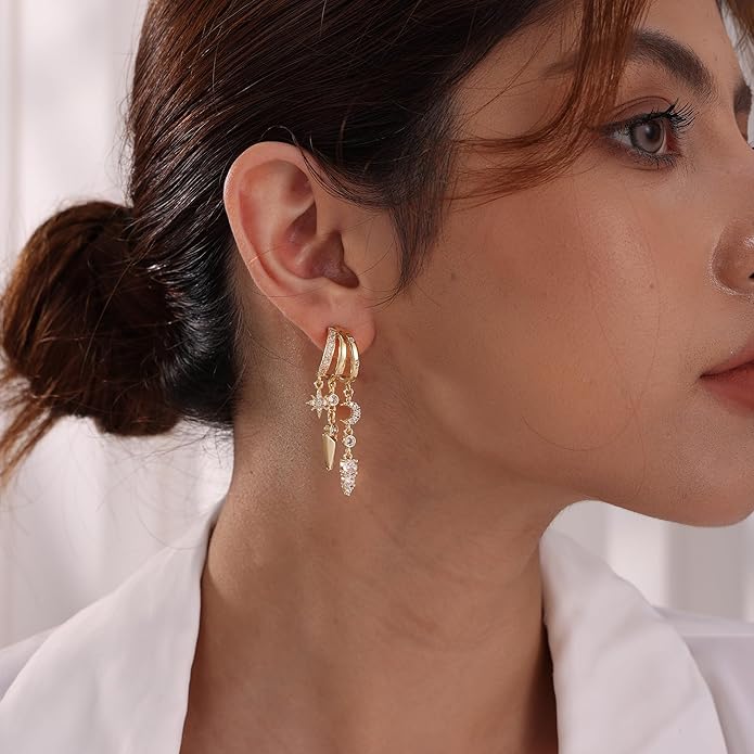 Dangle Earrings for Women,14k Gold Plated Triple Huggie Stud Earrings Dainty Drop Earrings for Women Trendy Gold Statement CZ Long Chain Earrings Non Tarnish Jewelry