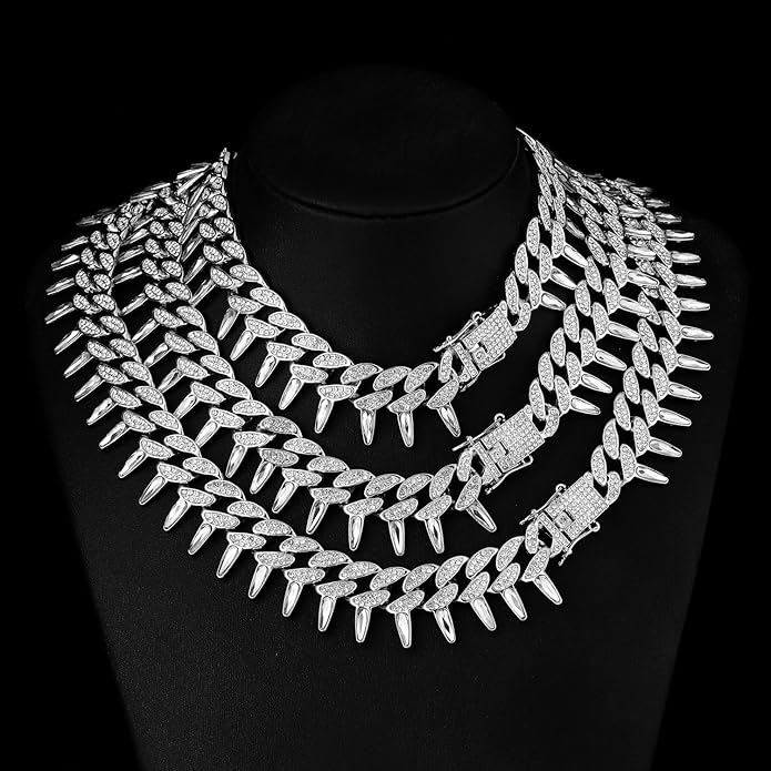 HH BLING EMPIRE Mens Gold Silver Plated Spike Cuban Link Chain Necklace and Bracelet Sets, Chunky Iced Out Diamond Miami Cuban Link Chains Hip Hop Jewelry