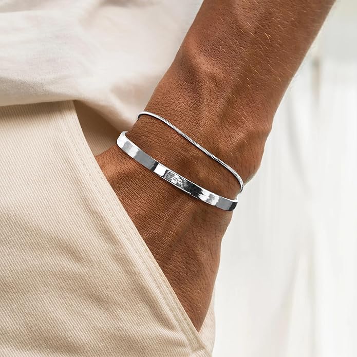 Moodear Stackable Bracelets for Men - Dainty 925 Sterling Silver/14K Gold Plated Cuff Snake Box Cuban Link Chain Bangle Bracelet Set Mens Jewelry