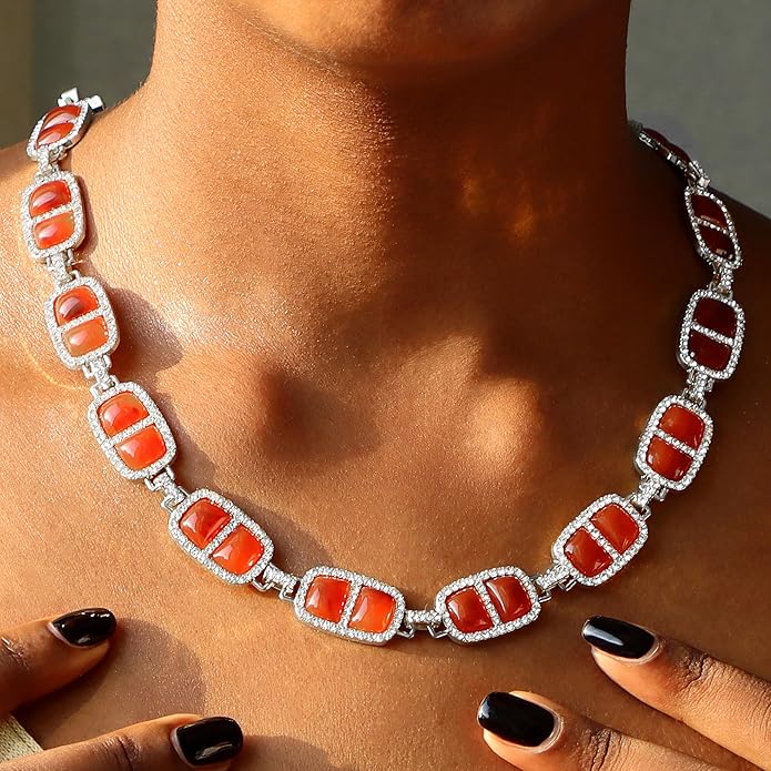 Chunky Necklace for Women 12 Colors Diamond Stone Gold Statement Necklace for Women Full Trendy Blue Birthstone Choker Necklace for Women Square Design Necklace Jewelry