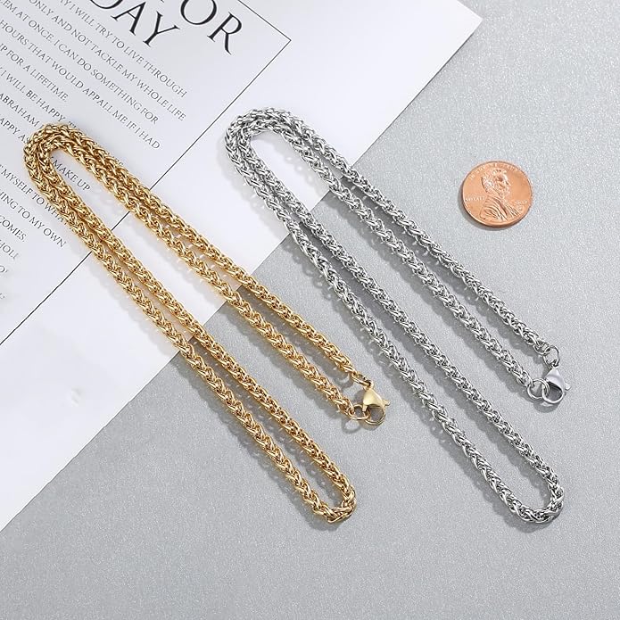 Garysiom 2 Pcs Chains for Men, 4mm Stainless Steel Silver Tone Gold or Black Wheat Necklace Chain for Men Women, 16, 20, 24, 28, 32 Inch