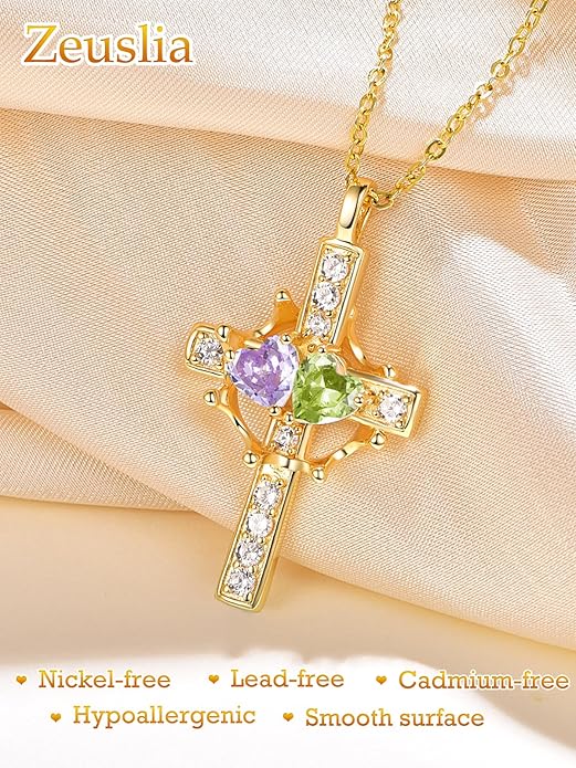 Zeuslia Double Birthstone Necklace Gifts for Wife - 925 Sterling Silver Sunflower/Rose/Crown Cross/Compass/Heart Pendant I Love You Necklace, Anniversary Birthday Gifts for Wife Girlfriend Mom Her