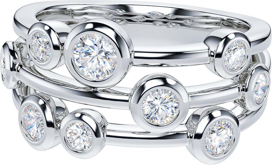 THELANDA Genuine Moissanite or Simulated Diamond Sterling Silver 9mm Wide Bezel Set Bubble Cocktail Fashion Ring Wedding Ring
