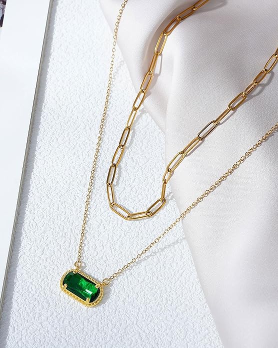 Lourny Gemstone Birthstone Pendant Layered Necklace for Women Trendy, 18K Gold Plated Paperclip Chain Preppy Choker Charm Necklace for Women Wife Jewelry