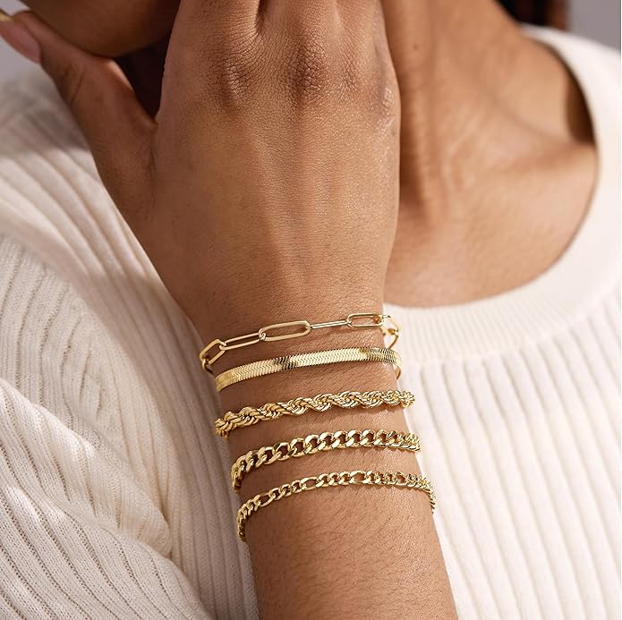 Gold Bracelets for Women Non Tainish,Dainty Bracelets Stack for Women Trendy, Gold Plated Cuff Bracelets Stack With Beaded Cuban Paperclip Snake Rope Bangle Hand Chain Jewelry Gifts for Women