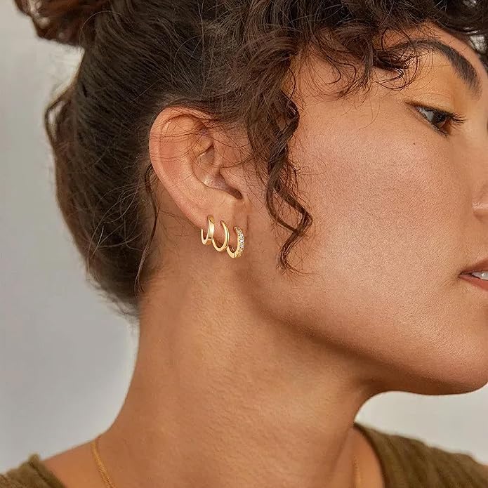 micuco 3 Pairs Small Hoop Earrings Set for Women, 14K Gold Plated Huggie Hoop Earrings for Men, Tiny Cartilage Hypoallergenic Earring Set