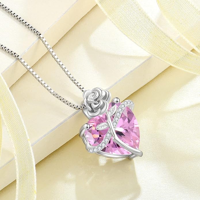 Birthstone Necklace for Women 925 Sterling Silver Love Heart Rose Flower Necklace Dainty Jewelry Gifts for Women Wife Girlfriend Mother Daughter Her
