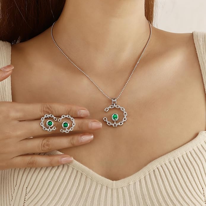 Ydou Elegant C-Shaped Crystal Necklaces/Stud Earrings Set with Birthstone Jewelry Set Silver Plated Fashion Jewelry for Women CS0003