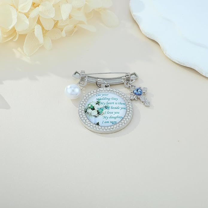 Wedding Bridal Pin, Something Blue Silver Crystal Brooch with Blue Heart Charm, Pearl Accent and Sentimental Message for Mother of Bride Gift