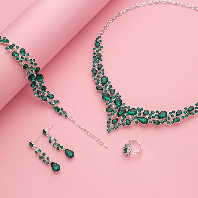 Paxuan Crystal Bridal Wedding Jewelry Sets for Women Rhinestone Teardrop Crystal Statement Choker Necklace Drop Earrings Link Bracelets Rings Teardrop Jewelry Set for Brides Bridesmaids