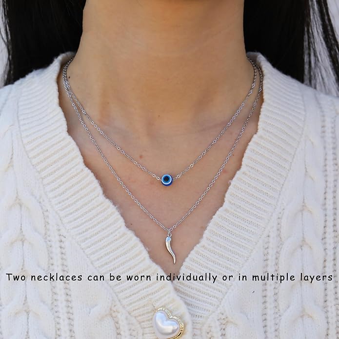 Baydurcan Evil Eye Necklace Italian Horn Necklace for Women Evil Eye Pendant Jewelry (Evil Eye & Horn)