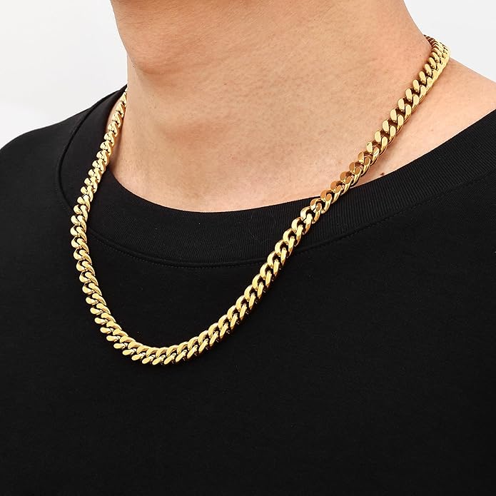 Fiusem Valentines Day Gifts for Him Silver Tone/Black/14K Gold Plated Chain Necklace for Men, 5mm/6mm/7.5mm/8mm/9mm Stainless Steel Cuban Link Chain Necklace, Men's Chains 18-28 Inch Jewelry Gifts