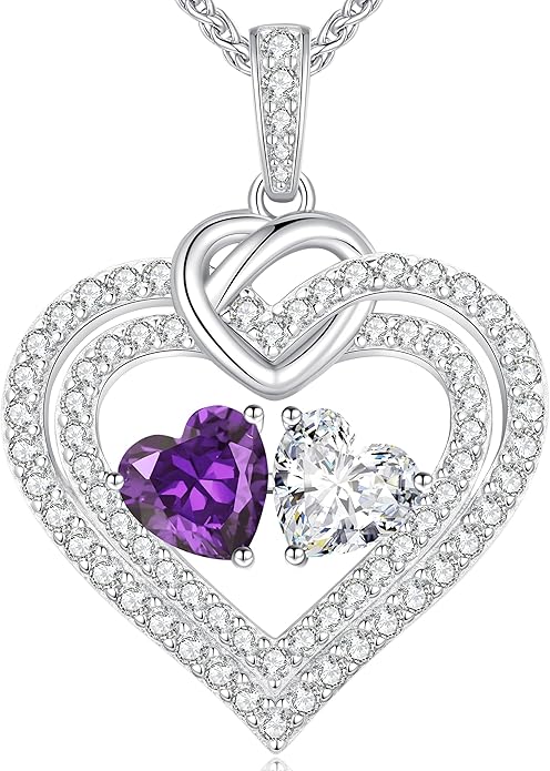 LOUISA SECRET Sparkling Double Heart Birthstone Necklaces for Women, 925 Sterling Silver Fine Jewelry, Pendant Heart Necklaces Birthday Anniversary Christmas Gift for Women Wife Mom Girlfriend Lady