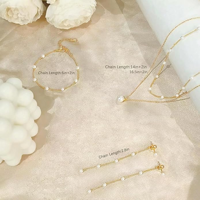 Gold Jewelry Set for Women - Dainty 14K Gold/Silver Plated Pearl Choker Necklace, Drop Earrings & Bracelets - Wedding Trendy Pearl Jewelry Gift