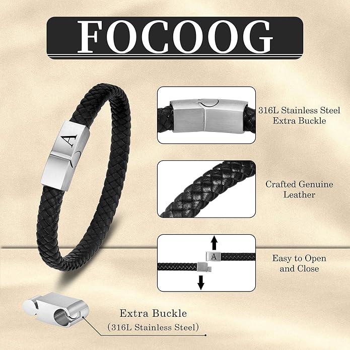Leather Bracelets for Mens Gifts - Premium Genuine Leather Adjustable Stainless Steel Magnetic Clasp Mens Initial Bracelet, Unique Gifts for Men Husband Dad Son