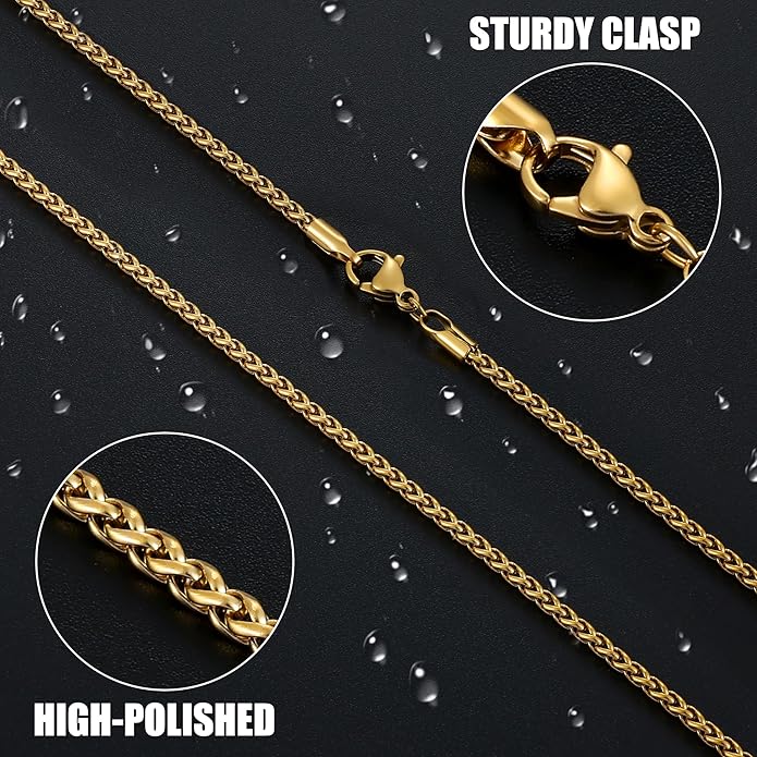 Fiusem Black Wheat Chains for Men and Women, 2/2.5/3/4/5mm Stainless Steel Necklace Chain, Mens Necklace Jewelry Gift 16-28 Inch