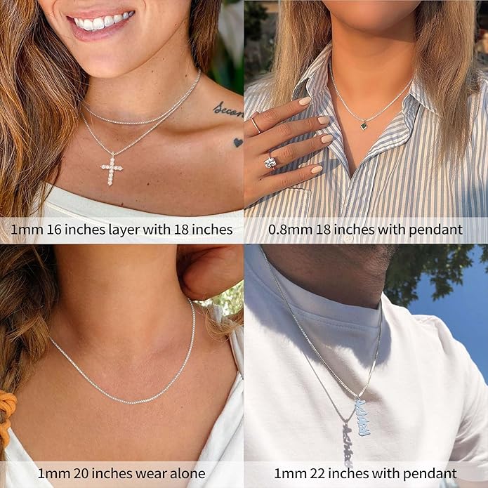ASHINE 925 Sterling Silver Box Chain Necklace for Women, 1mm 0.8mm Italian Chains, Dainty & Sturdy Necklace with Silver Polishing Cloth Available in 16-36 Inch