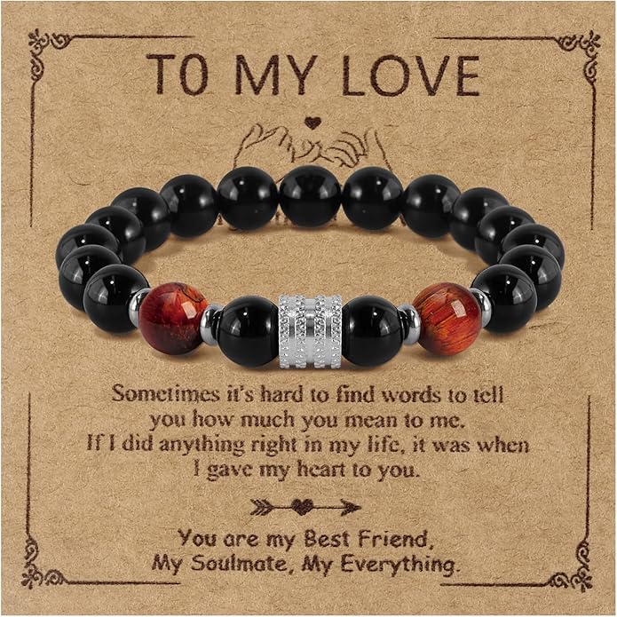 Hamoery Bracelets for Men Natural Tiger Eye Stone Beads Braided Rope Bracelet Gift for Dad Husband