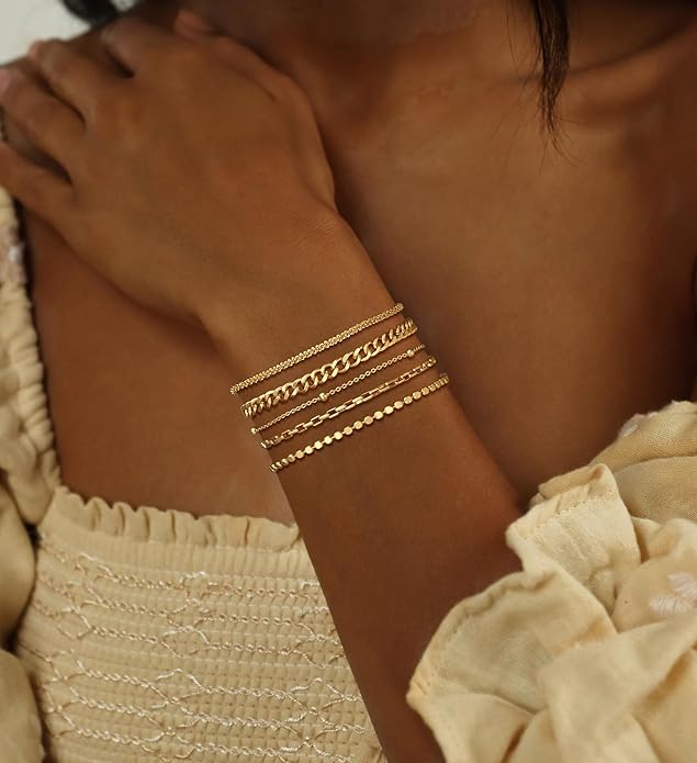 DEARMAY Waterproof Gold Plated Bracelets Set for Women Trendy, Dainty 14K Gold Jewelry Fashion Stackable Tennis Beaded Figaro Herringbone Paperclip Link Bracelet Pack Stack Gifts for Women