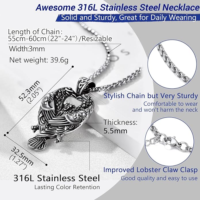 PROSTEEL Norse Viking Jewelry for Men Women, Vintage Thor Hammer/Thor Axe/Raven/Odin Necklace, 316L Stainless Steel Pendant Chain, Come with Box