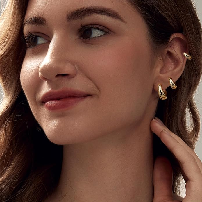 14K Gold Plated Hoop Earrings for Women Triple Huggie Illusion Stud Earring | Double Huggie Hoop Earrings for One Hole | Claw Ear Cuff Earring Jewelry Gift for Women
