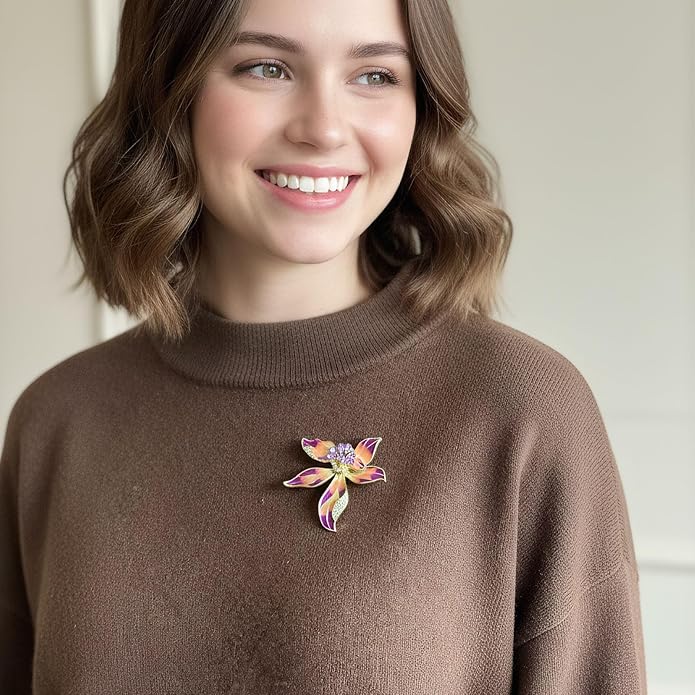 Multi-Color Enamel Flower Brooch For Women Gold Tone with Blue Zircon Crystal Accents, Vibrant Brooches Pin for Dresses Blazers