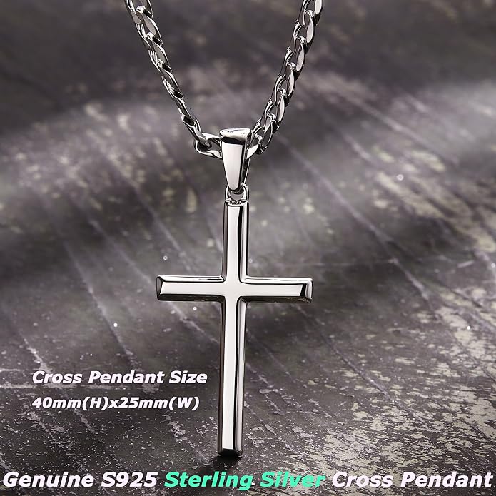 MILACOLATO 925 Sterling Silver Cross Necklace Men - Beveled Edge Cross Pendant with 5mm 316L Stainless Steel Cuban Link Curb Chain Crucifix Necklaces Silver Jewelry for Men Women, 18-30'' Christian Baptism Gift