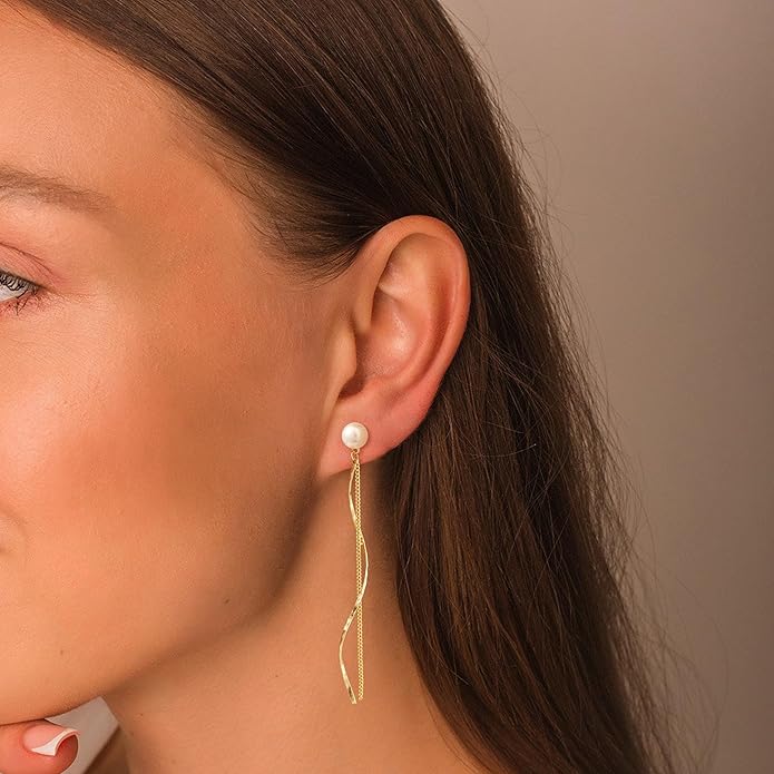 Moodear Dangle Earrings 14K Gold Plated Chain Earrings for Women Trendy Dainty Hypoallergenic Long Chain Drop Tassel CZ/Pearl Earrings Wedding Jewelry Gift