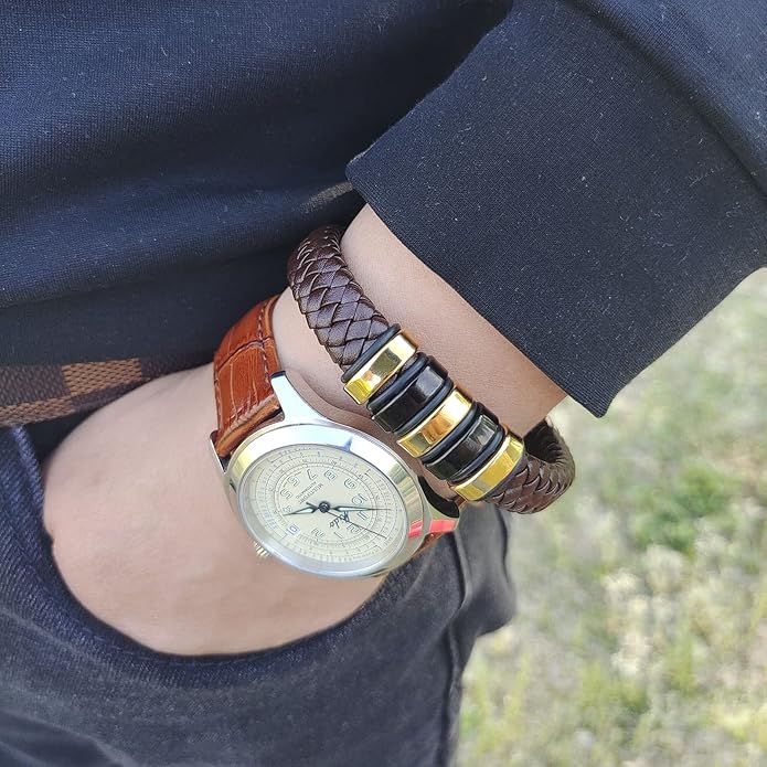 Leather Bracelet for Men Braided Cuff Wristband Stainless Steel Clasp in Silver and Gold Jewellery Gift