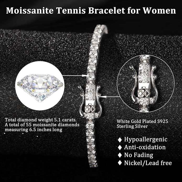 5.1CT/5.5CT Moissanite Tennis Bracelet for Women, 3mm White Gold Plated S925 Sterling Silver D Color VVS1 Round Cut Moissanite Bracelets Jewelry Gift, Size 6.5Inch/7Inch