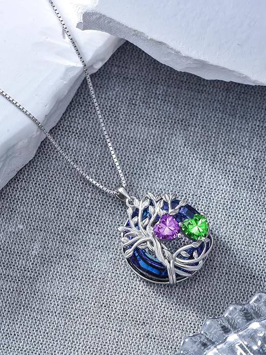 TOUPOP s925 Sterling Silver Family Celtic Tree of Life Pendant Necklaces with 2 Heart Birthstone with Blue Austrian Crystal Jewelry Birthday Anniversary Christmas Gifts for Her Wife Girlfriend Mom (18K Real White Gold Filled)