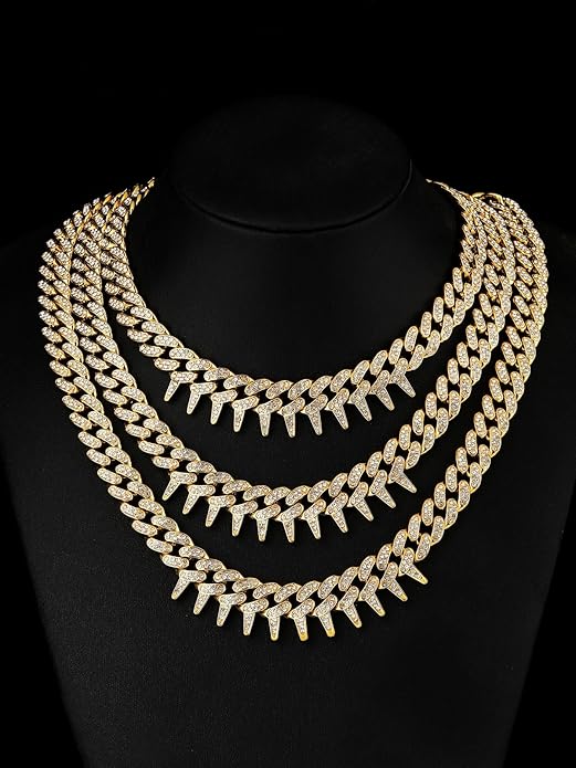 HH BLING EMPIRE Mens Gold Silver Plated Spike Cuban Link Chain Necklace and Bracelet Sets, Chunky Iced Out Diamond Miami Cuban Link Chains Hip Hop Jewelry