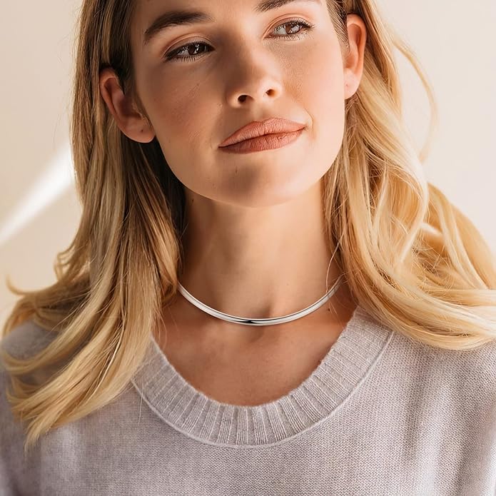 HooAMI Stainless Steel Silver Choker Necklace for Women