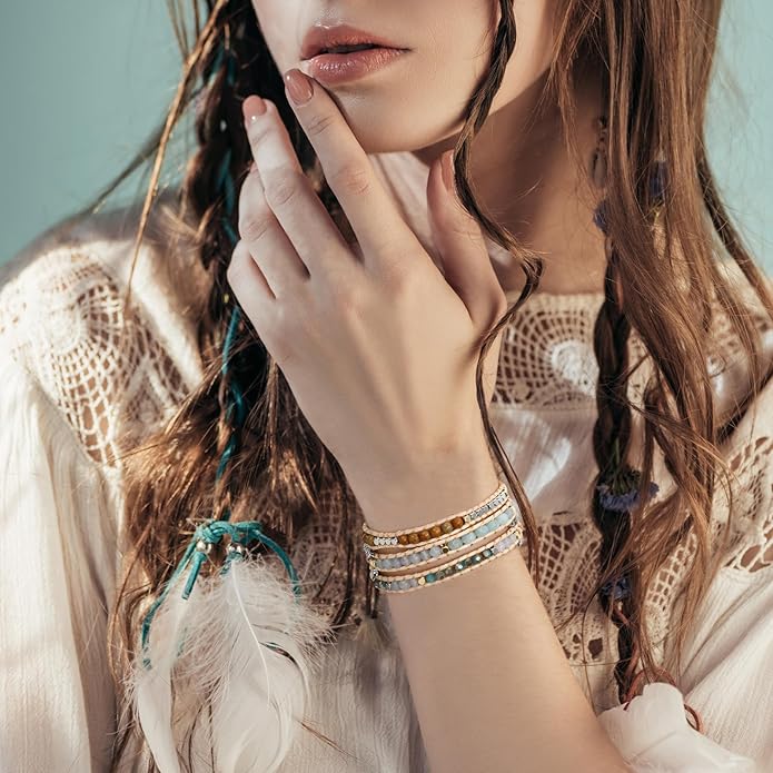 Boho 5 Wrap Bead Bracelet for Men Women - Handmade Adjustable Natural Chakras Stone Crystal Beaded Bracelets Cuff Rope Yoga Healing Bracelet Bangle Hippie Jewelry