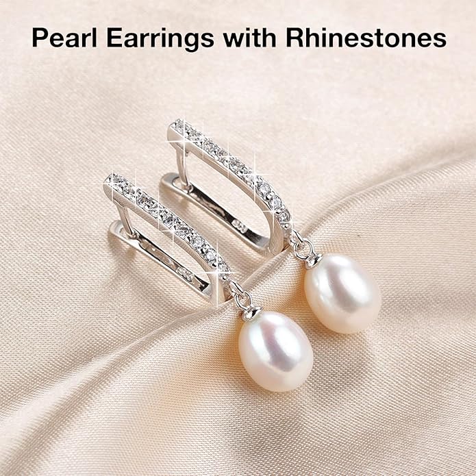 Pearl Jewelry Set For Women Pearl Pendant Necklace & Pearl Earrings with Sparkling Rhinestones 925 Sterling Silver Freshwater Pearl Drop Jewelry Set for Wedding Prom Gift