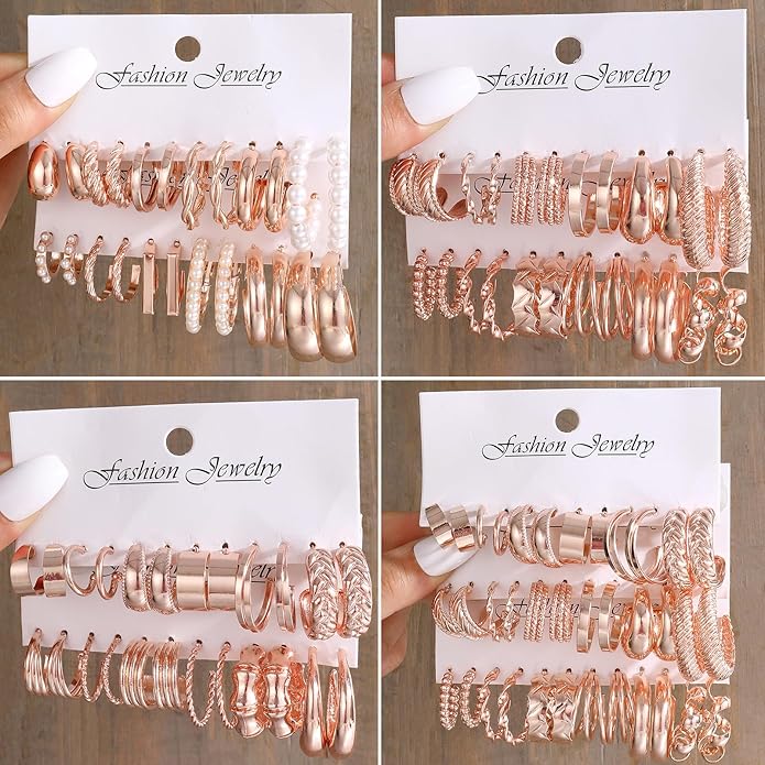 36 Pairs Gold Hoop Earrings Set for Women, Fashion Chunky Gold Hoop Earrings Multipack, Hypoallergenic Pearl Chain Twisted Statement Earring Pack for Birthday Party Jewelry