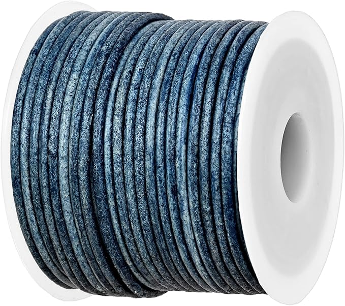 GENIQUE Real/Genuine Round Leather String Cord for Necklace, Bracelets, Jewellery, Braiding (1.5mm, Blue Distressed)