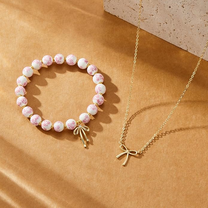 Qiuseadu Bow Bracelet Necklace Set 14K Gold Beaded Bracelet Dainty Bow Pendant Choker Jewelry Gift Set