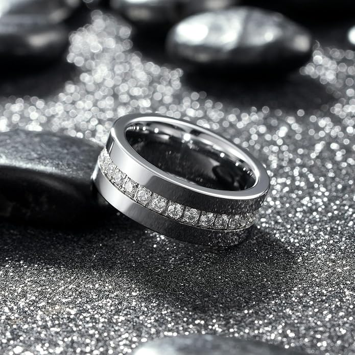 King Will Mens Tungsten Wedding Band with Cubic Zircon Inlay 7mm/8mm Flat Cut Comfort Fit Engagement Rings