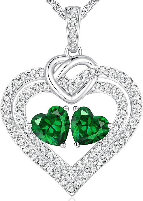 LOUISA SECRET Sparkling Double Heart Birthstone Necklaces for Women, 925 Sterling Silver Fine Jewelry, Pendant Heart Necklaces Birthday Anniversary Christmas Gift for Women Wife Mom Girlfriend Lady