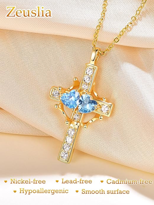 Zeuslia Double Birthstone Necklace Gifts for Wife - 925 Sterling Silver Sunflower/Rose/Crown Cross/Compass/Heart Pendant I Love You Necklace, Anniversary Birthday Gifts for Wife Girlfriend Mom Her