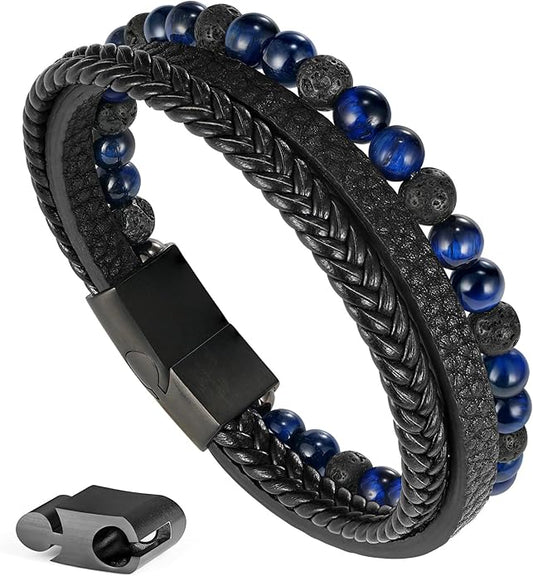 Gifts for Men - Layered Leather Beads Bracelet, Tiger Eye Lava Rock Stone Braided Leather Bracelets for Men Adjustable Magnetic Clasp Birthday Gifts